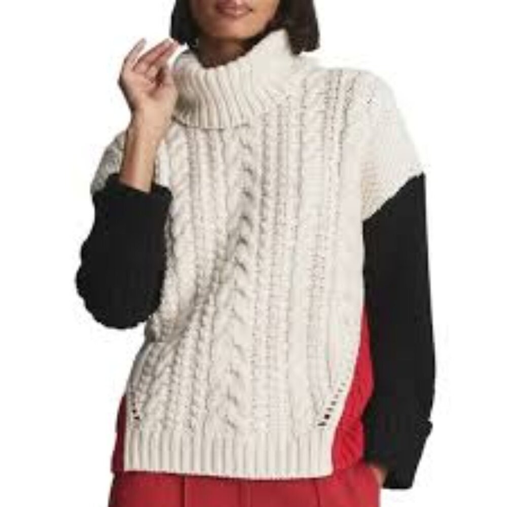 ✅ Reiss Jan Colorblock Mixed Cable Knit Turtleneck Sweater Cream, Black & Red XS